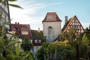 Backyard of a old town in south Germany with overgrown tower