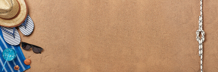 Beach accessories, Sea vacation. Extra wide panorama banner background.