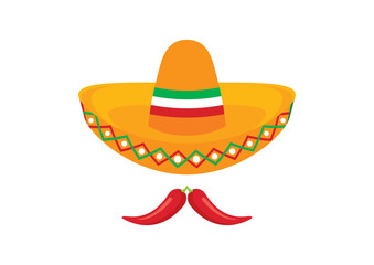 Mexican sombrero with chili peppers mustache vector. Mexico colored icon vector. Sombrero with red chili peppers vector. Mexican design elements isolated on a white background