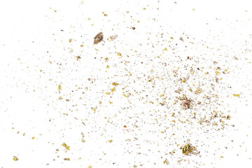 Crumbled lichen pile, plant texture isolated on white background, top view