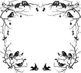 Hand drawing of frame from sparrows sitting on tree branches in winter season