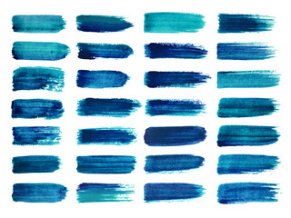 Deep blue watercolor brush strokes set. Abstract shape. Paint smear on white background. Vector