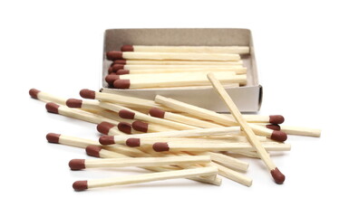 Fire matches pile with carton box isolated on white background