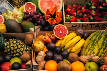 boxes with fruit. variety of tropical fruits
