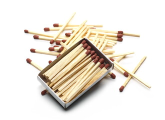 Fire matches pile with carton box isolated on white background