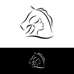 woman face and horse head logo on white made in line art style. vector