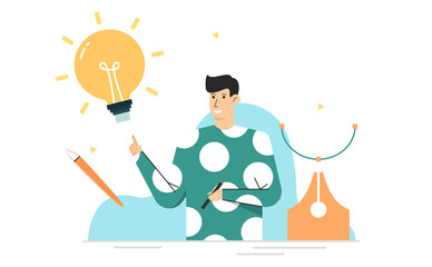 Creative innovation concept,Man are thinking about idea and imagination,Large light bulb icon,Banner background landing page website