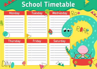 School timetable for a student with a forgetful dinosaur and a machine. Vector illustration.
