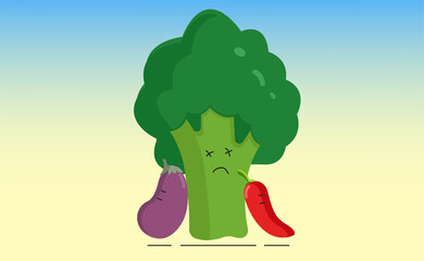 vector illustration depicting chilli and eggplant vegetables in the shade because they are tired and overheated in broccoli