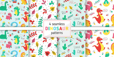 Fototapeta na wymiar Collection of seamless patterns for baby fabrics, cards, gift paper with dinosaurs. Vector illustration.