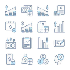 Money, Finance and Business Investment related blue line colored icons. Payment and accounting report calculation icon set.