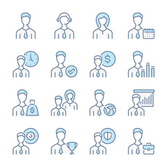 Business people related blue line colored icons. Working staff and Teamwork icon set.