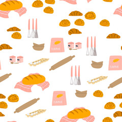 Homemade bread making flat doodle seamless pattern with food ingredients and kitchen appliances for textile, fabric, clothes, wrapping paper, wallpaper etc.