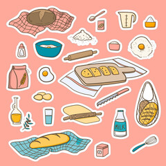 Bread baking doodle stickers set. Food ingredients.