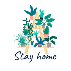 Stay home. Shelving with indoor plants on the balcony or in the apartment. Cartoon flat hand drawn illustration.