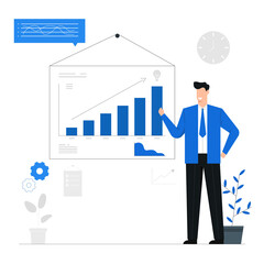 Businessman presenting business growth trend,Analysis for investment,Marketing financial,Data display by graph,Character illustration banner background blue