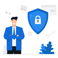 Security of business information or website,Safety technology,Antivirus and hacking system,lock,key,businessman,Character illustration banner background blue