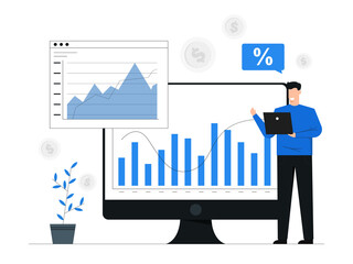 Businessman presenting business growth trend,Analysis for investment,Marketing financial,Data display by graph,money,Character illustration banner background blue