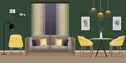 Modern living room interior with sofa, armchair, table, chairs and window