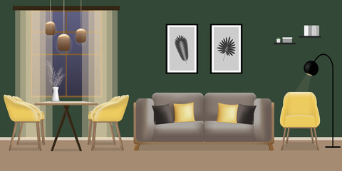 Modern living room interior with sofa, armchair, table, chairs and window, dinning room