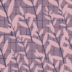 Pink foliage brances seamless pattern on violet background. Twigs endless wallpaper. Decorative backdrop