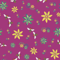 Honey bee and flowers vector seamless pattern background. Hand drawn insect and painterly florals on purple backdrop. Garden wildlife design. Bright all over print for fabric, home decor, packaging