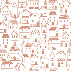 Scandinavian houses seamless pattern. Vector hand-drawn illustration of a building in a simple childish cartoon style. Cute sanguine sketch drawing on a white background