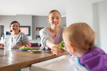 Happy young mom giving fresh vegetable to baby. Family having dinner at dining table. Childhood or child care at home concept
