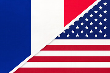 Fototapeta na wymiar France and United States of America or USA symbol of national flags from textile. Championship between two countries.