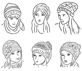 Vector outline drawings of female heads in various knitted hats for cold season