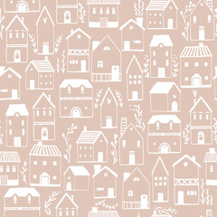 Scandinavian houses seamless pattern. Vector hand-drawn illustration of a building in a simple childish cartoon style. Cute sketch drawing in white on a light beige background