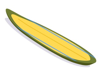 Longboard surfboard isometric with shadow. Striped surf board with yellow and green laying down. 3d illustration