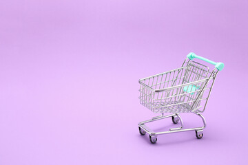 Miniature empty shopping cart on colorful background