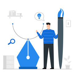 Man holding paintbrush to use to create art,Creative skills training,Ideas for innovation,Blue illustration background