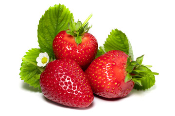 Isolated strawberries. Three fruits, one cut in half on white background