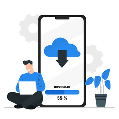 Man sitting and working and downloading data from the cloud computing on to a mobile phone,Download concept,Data retention technology,Blue illustration background