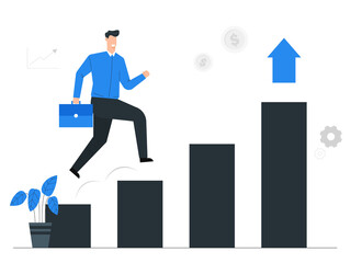 The businessman is jumping on the growth graph for the target,Business growth or investment,Setting goal for success,Blue illustration background
