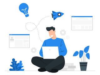 Man sitting and working with his laptop,Website developer System management,Modernize innovation,Blue tone background vector illustration
