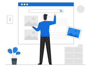 Man searching for images to be used,Upload pictures,Picture collection website,Blue tone background vector illustration