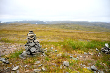 Small pile of rocks pyramid at North Cape (Nordkapp), Finnmark, Norway