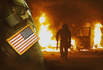 US soldier and silhouette of a man front of the burning car. unrest, anti-government, Collage.