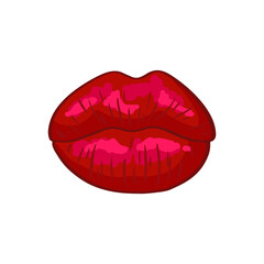 Kiss - womans lips. Hot sexy red kissed. Beautiful sticker isolated on white. Vector illustration in retro pop art or comics style. 3D effect.