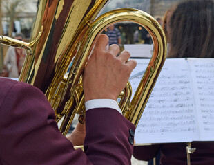 Fototapeta na wymiar Tuba played in a Brass band 