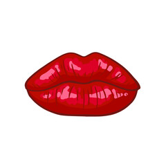 Kiss - womans lips. Hot sexy red kissed. Beautiful sticker isolated on white. Vector illustration in retro pop art or comics style. 3D effect.