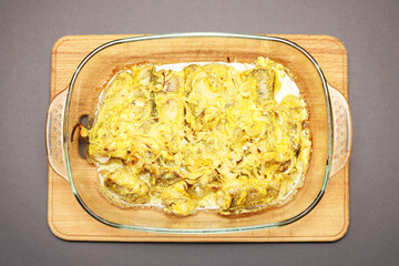 Baked fish in the oven, view from the top