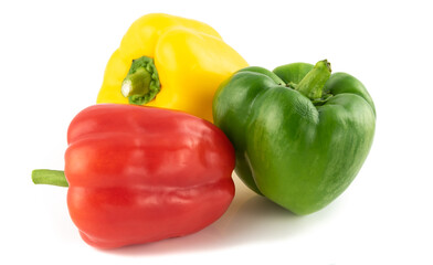 Trio of Bell Peppers close up isolated on a white background.