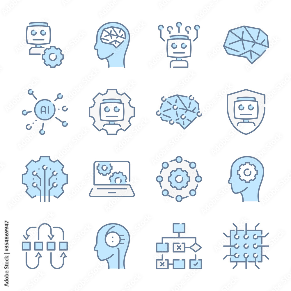 Poster artificial intelligence related blue line colored icons. machine learning and robot algorithm proces