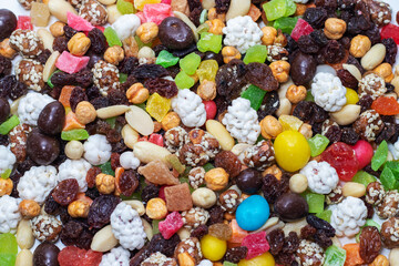 Mix nuts and dry fruits on a white background