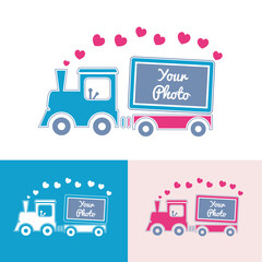 cartoon train with hearts and photo frame. vector design template