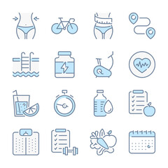 Fitness and Gym related blue line colored icons. Sport and Training icon set.